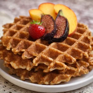 Golden crispy Gluten-Free Sourdough Discard Waffles served with syrup and berries.