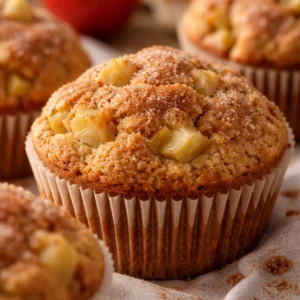 Delicious gluten-free apple cinnamon muffins with a crumb topping and apple chunks.
