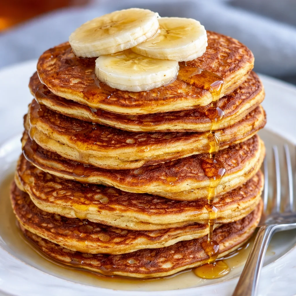 Fluffy gluten-free banana almond pancakes topped with fresh fruit and syrup.