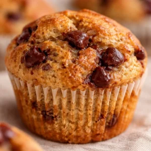 Delicious gluten-free banana muffins with chocolate chips on a wooden table.