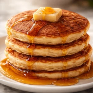 Fluffy gluten-free buttermilk vanilla pancakes topped with syrup and fresh fruit.