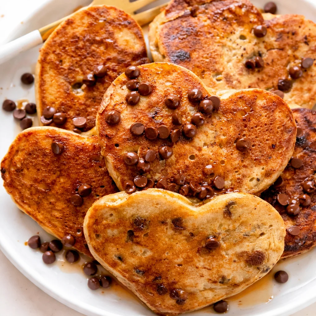 Fluffy gluten-free banana chocolate chip pancakes topped with maple syrup and fresh fruit